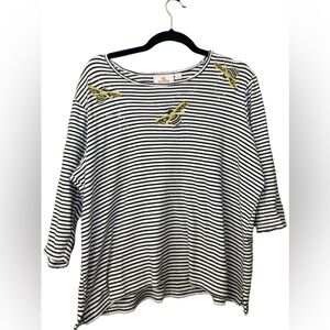 Vintage Quacker Factory 3/4 Black and White Striped Top with Bees Size Large